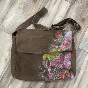 Vintage Y2K Roxy Messenger Bag Brown with Flower Accents Pink Logo Crossbody